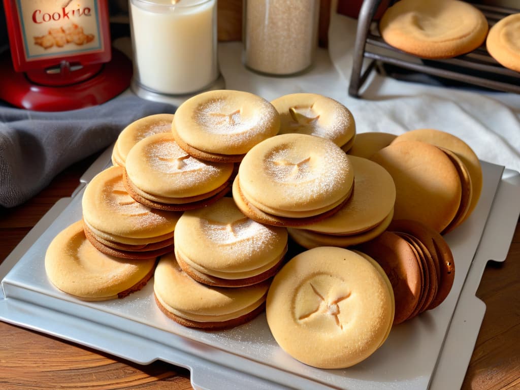  A photorealistic image of a cozy kitchen filled with the warm glow of a gas stove, where a batch of freshly baked gingerbread cookies is cooling on a wire rack. The cookies are perfectly golden brown, with sugar crystals glistening on top, emanating a mouthwatering aroma. In the background, a vintage wooden rolling pin, a bowl of cookie dough, and a jar of powdered sugar sit on a rustic farmhouse countertop, surrounded by festive holiday decor like cinnamon sticks, pine cones, and twinkling fairy lights. The scene evokes a sense of nostalgia and holiday cheer, inviting viewers to imagine themselves baking these delicious treats at home. hyperrealistic, full body, detailed clothing, highly detailed, cinematic lighting, stunningly beautiful, intricate, sharp focus, f/1. 8, 85mm, (centered image composition), (professionally color graded), ((bright soft diffused light)), volumetric fog, trending on instagram, trending on tumblr, HDR 4K, 8K