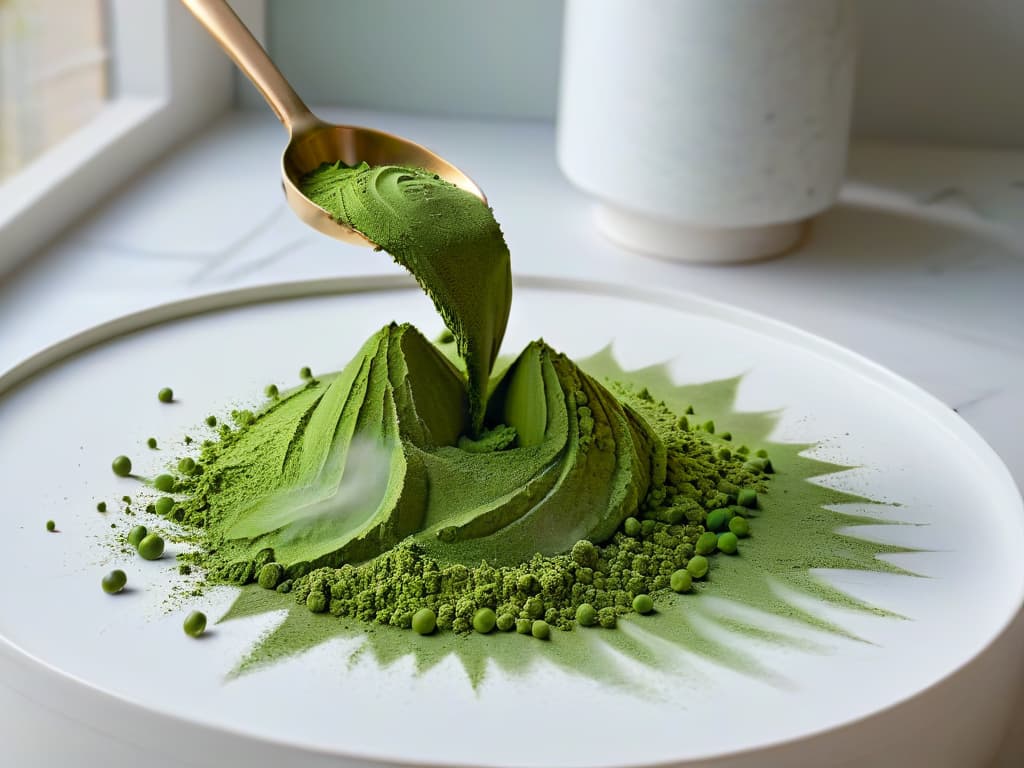  An ultradetailed, minimalist image of a vibrant green matcha powder being sifted gently onto a marble countertop, creating a soft cloud of green powder suspended in the air. The natural light coming from a nearby window casts a subtle shadow of the sifter on the surface, highlighting the fine texture of the matcha powder and creating a serene and elegant visual. hyperrealistic, full body, detailed clothing, highly detailed, cinematic lighting, stunningly beautiful, intricate, sharp focus, f/1. 8, 85mm, (centered image composition), (professionally color graded), ((bright soft diffused light)), volumetric fog, trending on instagram, trending on tumblr, HDR 4K, 8K