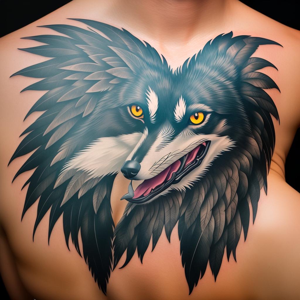  wolf head silhouette forming inside of crow feathers of a outstretched crow back tattoo, (high detailed skin:1.2), 8k uhd, dslr, soft lighting, high quality, film grain, Fujifilm XT3 hyperrealistic, full body, detailed clothing, highly detailed, cinematic lighting, stunningly beautiful, intricate, sharp focus, f/1. 8, 85mm, (centered image composition), (professionally color graded), ((bright soft diffused light)), volumetric fog, trending on instagram, trending on tumblr, HDR 4K, 8K