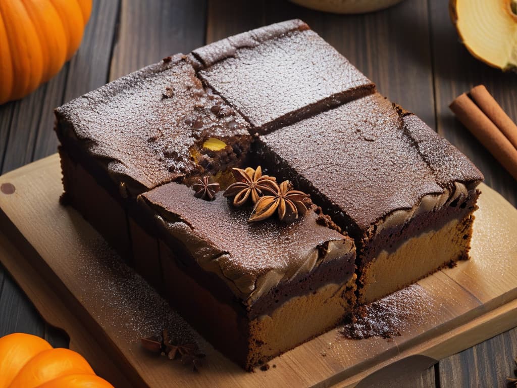  A closeup, ultradetailed image of a freshly baked pumpkin brownie, dusted with a light sprinkle of cinnamon and resting on a rustic wooden table. The brownie is perfectly sliced, showcasing a moist, fudgy interior with visible specks of pumpkin puree. The warm, golden tones of the dessert contrast beautifully with the natural wood grain, creating a visually striking and appetizing composition. hyperrealistic, full body, detailed clothing, highly detailed, cinematic lighting, stunningly beautiful, intricate, sharp focus, f/1. 8, 85mm, (centered image composition), (professionally color graded), ((bright soft diffused light)), volumetric fog, trending on instagram, trending on tumblr, HDR 4K, 8K