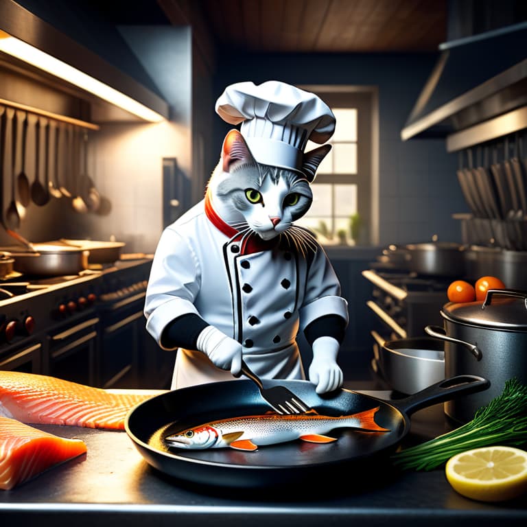  The chef cat, in a white apron and white, gray socks and a chef hat, is preparing trout under a cast iron skillet in the kitchen of an upscale restaurant. hyperrealistic, full body, detailed clothing, highly detailed, cinematic lighting, stunningly beautiful, intricate, sharp focus, f/1. 8, 85mm, (centered image composition), (professionally color graded), ((bright soft diffused light)), volumetric fog, trending on instagram, trending on tumblr, HDR 4K, 8K