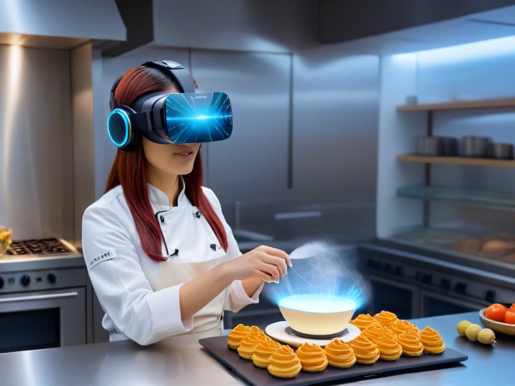  A minimalist, ultradetailed image featuring a virtual reality headset overlaying intricate, holographic pastry recipes and baking instructions. The headset is being worn by a focused culinary student in a modern kitchen setting, surrounded by hightech culinary tools and ingredients. The holographic display showcases visually stunning, interactive stepbystep guides to creating elaborate desserts, enhancing the student's learning experience in augmented reality. The overall aesthetic is sleek, futuristic, and visually captivating, perfectly complementing the theme of Realidad Aumentada en repostería. hyperrealistic, full body, detailed clothing, highly detailed, cinematic lighting, stunningly beautiful, intricate, sharp focus, f/1. 8, 85mm, (centered image composition), (professionally color graded), ((bright soft diffused light)), volumetric fog, trending on instagram, trending on tumblr, HDR 4K, 8K