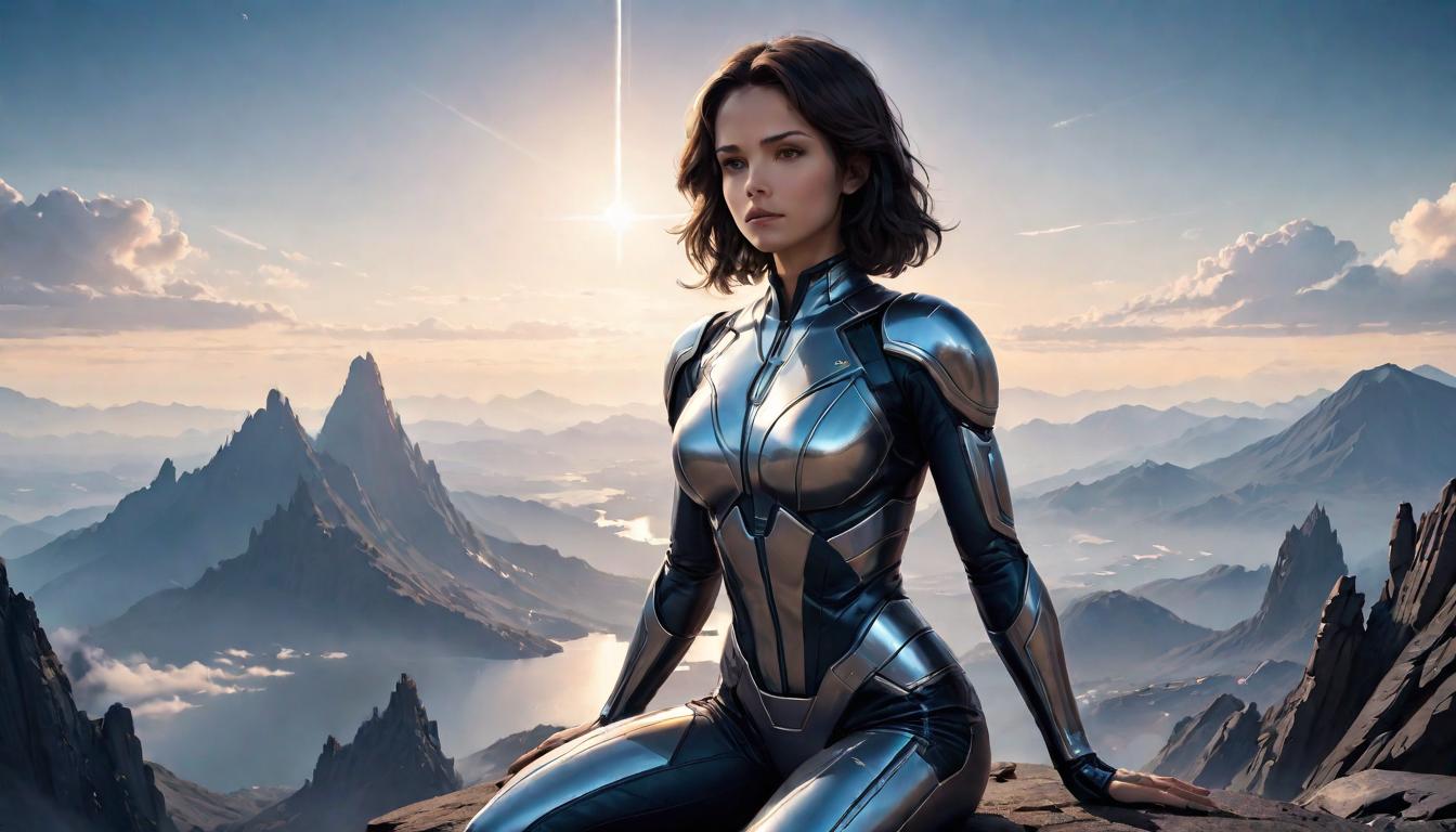  1girl, large busted attractive Arian brunette, meditating on a peak, reflecting on past challenges, peaceful strength, high tech clothing clad in sleek, futuristic costume with metallic accents and form fitting designs, marvel superhero comics style, unreal engine rendering