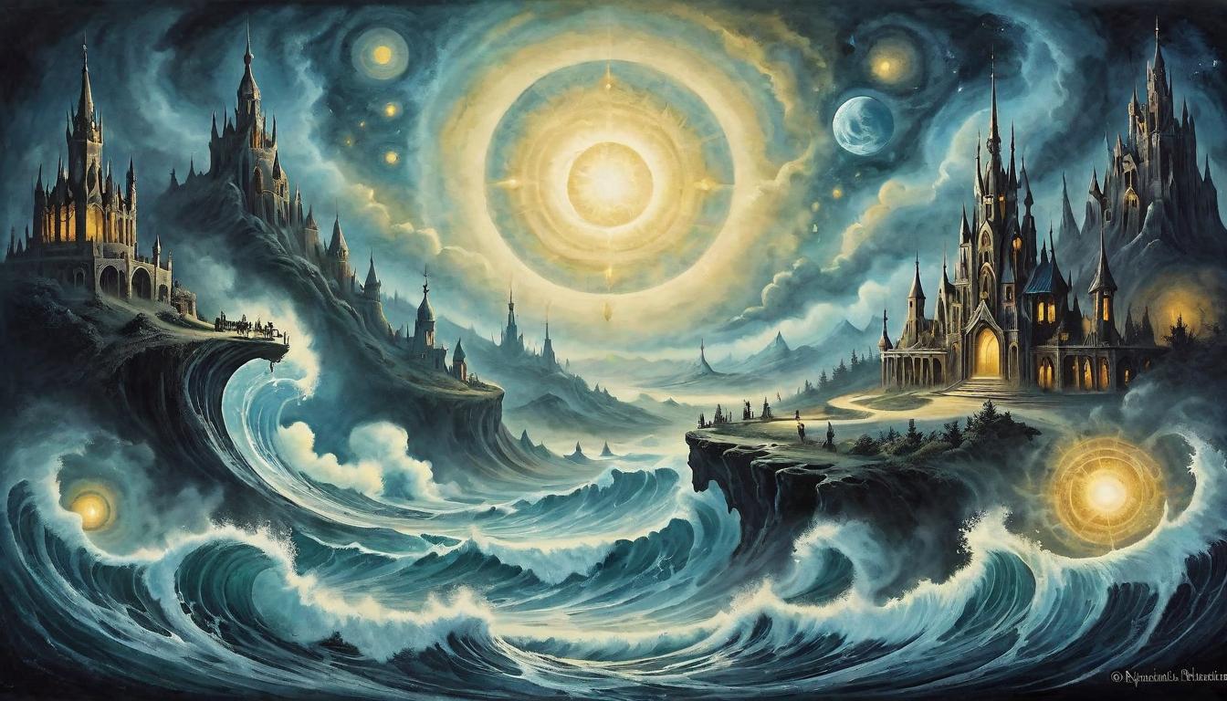  on parchment, surrealism+++, Earth enveloped in a radiant energy field, dark shadows being repelled, harmonious waves of light, universal change, protection(mysterious, provocative, symbolic,muted color)+++