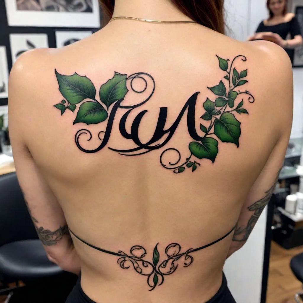  Design a tattoo that incorporates the names Ivy and Mia. The tattoo should have a harmonious and elegant design, possibly including natural elements like ivy leaves or flowers to complement the name Ivy. The names should be intertwined or connected in an artistic way, with a stylish and graceful font that adds to the overall aesthetic. The design should be suitable for a sentimental and meaningful tattoo honoring the wearer's daughters. hyperrealistic, full body, detailed clothing, highly detailed, cinematic lighting, stunningly beautiful, intricate, sharp focus, f/1. 8, 85mm, (centered image composition), (professionally color graded), ((bright soft diffused light)), volumetric fog, trending on instagram, trending on tumblr, HDR 4K, 8K