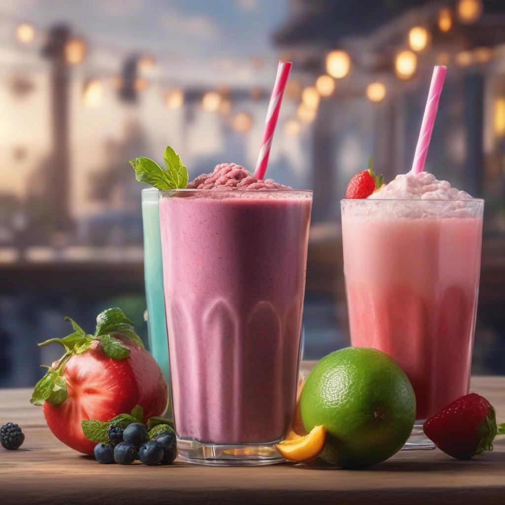  A photo of three drinks: smoothie, milkshake, carbonated drink hyperrealistic, full body, detailed clothing, highly detailed, cinematic lighting, stunningly beautiful, intricate, sharp focus, f/1. 8, 85mm, (centered image composition), (professionally color graded), ((bright soft diffused light)), volumetric fog, trending on instagram, trending on tumblr, HDR 4K, 8K