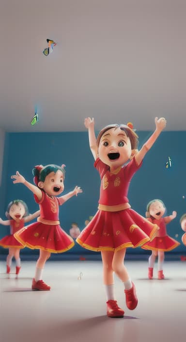  {Children singing and dancing with wide smiles and musical notes floating around them., Kids joyfully dancing and singing, showing their energy and happiness.