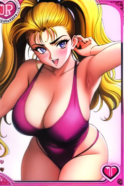  A pretty 1990's apartment wrestler who kind of looks like Carmen Electra. Sweaty. Studio glamor photoshoot. Retro print. This is a trading card with a cute heart theme. Supermodel posing.