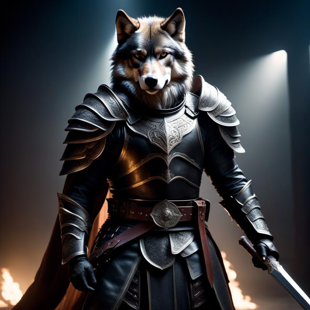  A humanoid wolf warrior holds a sword in his hands, wearing leather armor and a mantle on top of it. He stands in a dark room. hyperrealistic, full body, detailed clothing, highly detailed, cinematic lighting, stunningly beautiful, intricate, sharp focus, f/1. 8, 85mm, (centered image composition), (professionally color graded), ((bright soft diffused light)), volumetric fog, trending on instagram, trending on tumblr, HDR 4K, 8K