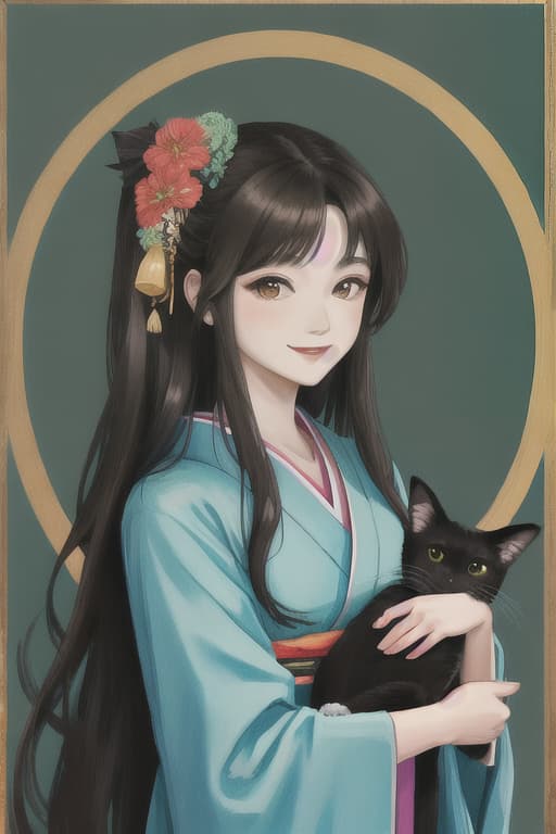  Kimono,dark brown hair,long hair,smiling,she is holding a black cat,beautiful,delicate painting,high resolution,high quality,