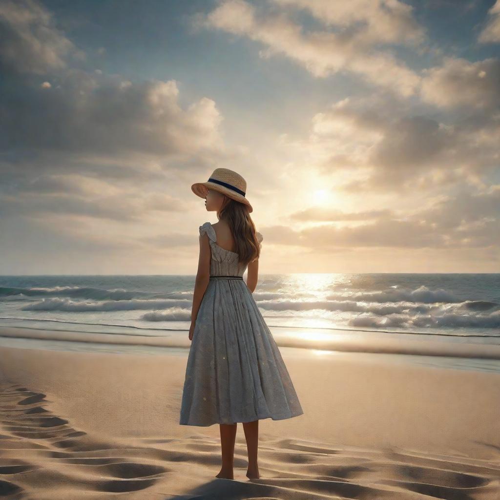  masterpiece, best quality,Photography style, a girl standing on the beach, high definition, rich detail, 3d 16k--ar 4:3