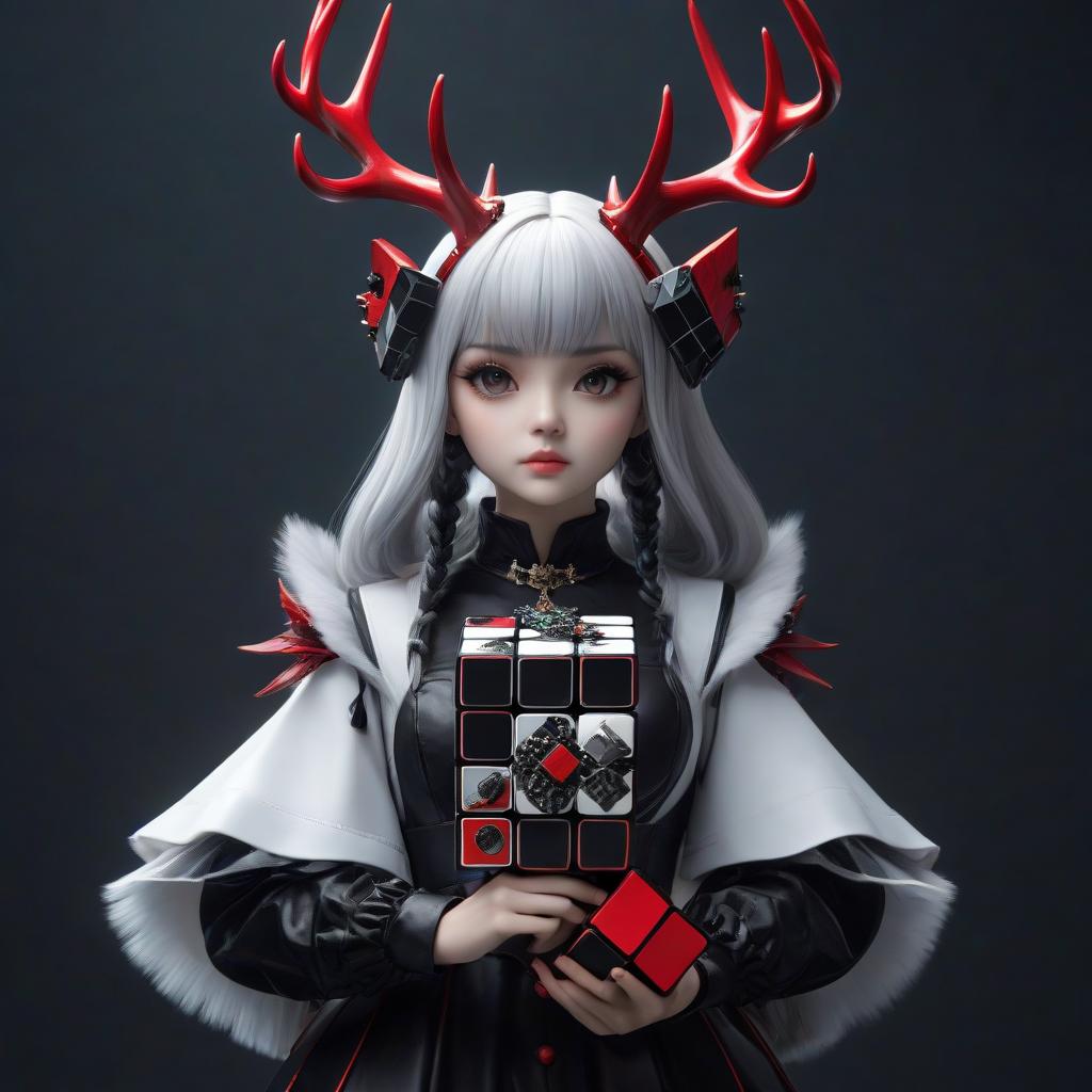  A little girl in gothic style with a headpiece resembling a black and white Rubik's cube, with studs in the shape of fish, and red deer antlers. hyperrealistic, full body, detailed clothing, highly detailed, cinematic lighting, stunningly beautiful, intricate, sharp focus, f/1. 8, 85mm, (centered image composition), (professionally color graded), ((bright soft diffused light)), volumetric fog, trending on instagram, trending on tumblr, HDR 4K, 8K