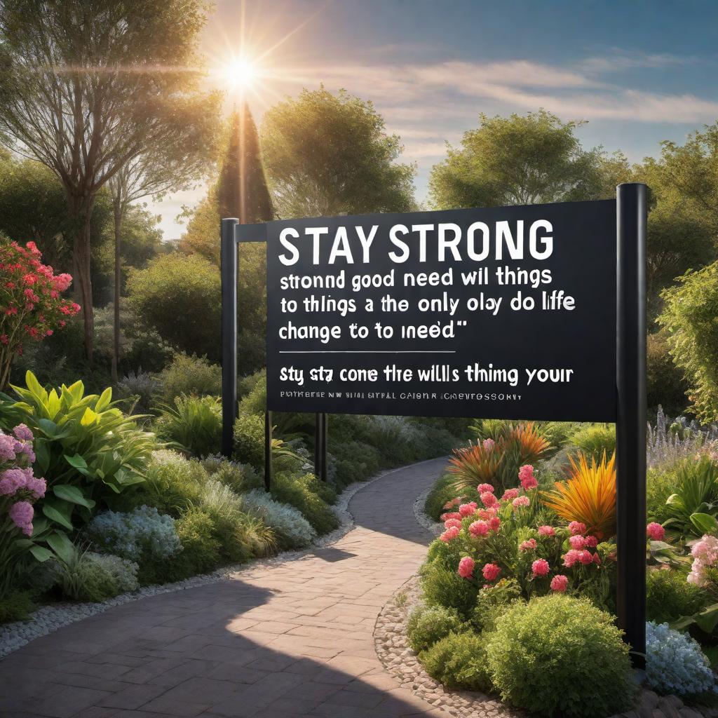  Design a digital sign with the quote: 'Stay strong and good things will come, positive actions in the only thing you need to do to change your life.' The design should be inspirational and suitable for a modern setting, with an emphasis on positivity and motivation. Ideally, include visual elements that express growth, strength, and positivity, such as plants, sunlight, or an uplifting color scheme. The format should be portrait with dimensions suitable for printing and framing, for example, an 8x10 inch print. hyperrealistic, full body, detailed clothing, highly detailed, cinematic lighting, stunningly beautiful, intricate, sharp focus, f/1. 8, 85mm, (centered image composition), (professionally color graded), ((bright soft diffused light)), volumetric fog, trending on instagram, trending on tumblr, HDR 4K, 8K