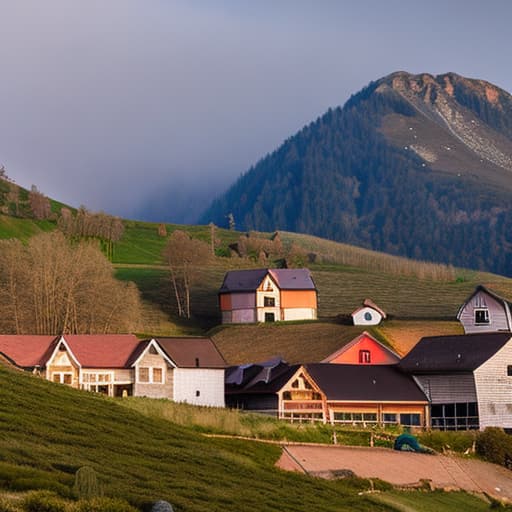  village in mountain hyperrealistic, full body, detailed clothing, highly detailed, cinematic lighting, stunningly beautiful, intricate, sharp focus, f/1. 8, 85mm, (centered image composition), (professionally color graded), ((bright soft diffused light)), volumetric fog, trending on instagram, trending on tumblr, HDR 4K, 8K