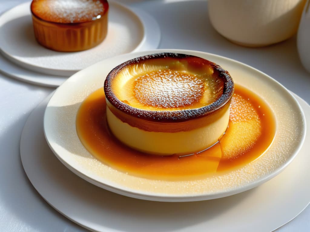  A closeup, ultradetailed image of a perfectly goldenbrown crème brûlée, with a delicate caramelized sugar crust shimmering under soft lighting. The surface texture is emphasized, showcasing the intricate cracks and bubbles of the caramelized sugar, contrasting beautifully with the smooth, creamy custard underneath. The dish sits on a simple, elegant white plate, with a subtle reflection adding depth to the composition. hyperrealistic, full body, detailed clothing, highly detailed, cinematic lighting, stunningly beautiful, intricate, sharp focus, f/1. 8, 85mm, (centered image composition), (professionally color graded), ((bright soft diffused light)), volumetric fog, trending on instagram, trending on tumblr, HDR 4K, 8K