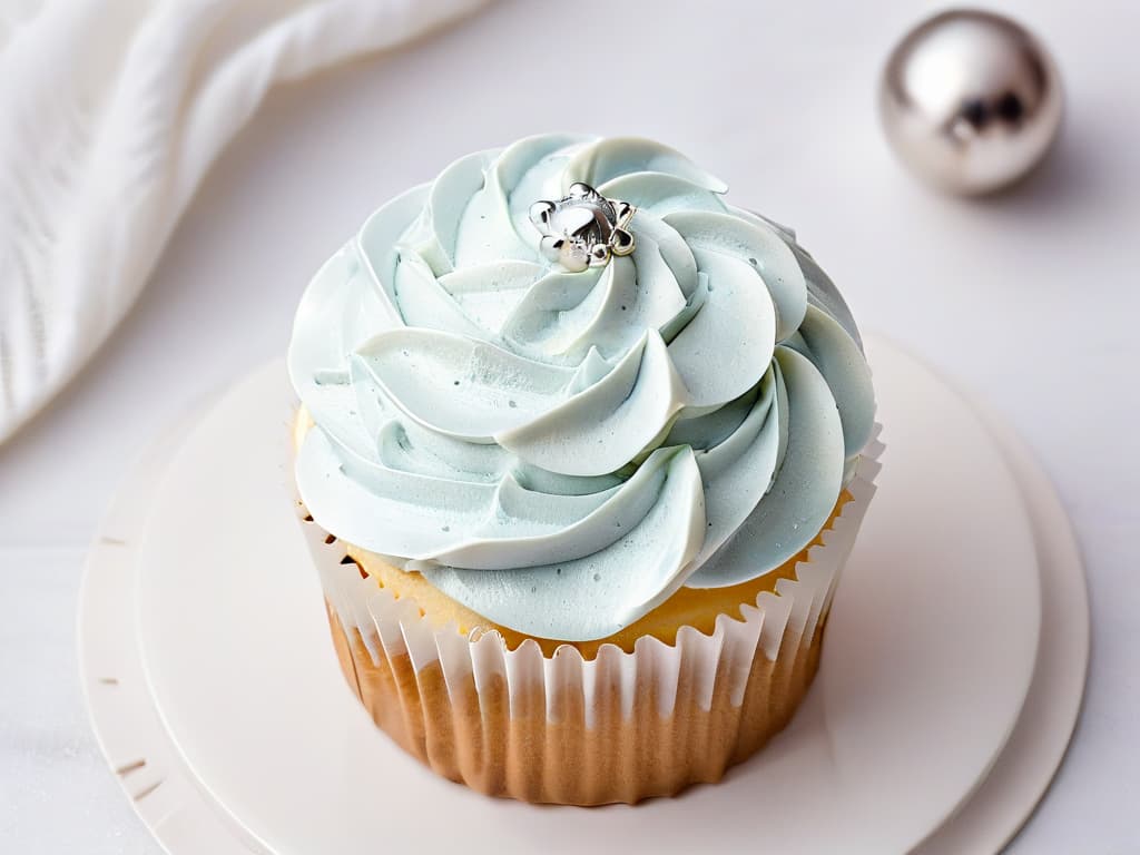  A closeup, ultradetailed image of a perfectly frosted cupcake with delicate swirls of pastel buttercream, adorned with a single shimmering silver dragee in the center, set against a pristine white background. The frosting is smooth and glossy, catching the light to show off its intricate texture, while the dragee adds a touch of elegance and sophistication to the overall minimalist aesthetic. hyperrealistic, full body, detailed clothing, highly detailed, cinematic lighting, stunningly beautiful, intricate, sharp focus, f/1. 8, 85mm, (centered image composition), (professionally color graded), ((bright soft diffused light)), volumetric fog, trending on instagram, trending on tumblr, HDR 4K, 8K