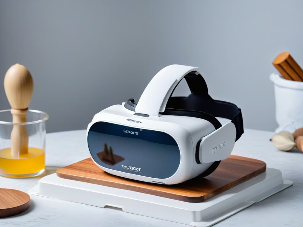  A highresolution, minimalist image of a sleek, futuristic virtual reality headset juxtaposed with traditional baking tools like measuring cups, mixing bowls, and a rolling pin on a pristine marble countertop. The VR headset casts a soft, glowing light onto the traditional tools, symbolizing the contrast between modern virtual learning and traditional baking methods. hyperrealistic, full body, detailed clothing, highly detailed, cinematic lighting, stunningly beautiful, intricate, sharp focus, f/1. 8, 85mm, (centered image composition), (professionally color graded), ((bright soft diffused light)), volumetric fog, trending on instagram, trending on tumblr, HDR 4K, 8K