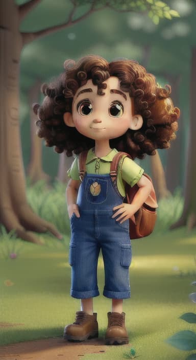  {The tree with a twinkling eye, while its leaves gently rustle., Riley, a curious with big brown eyes and curly hair, wearing overalls and carrying a small backpack. Their friend, Skye, a bluebird with shiny feathers.