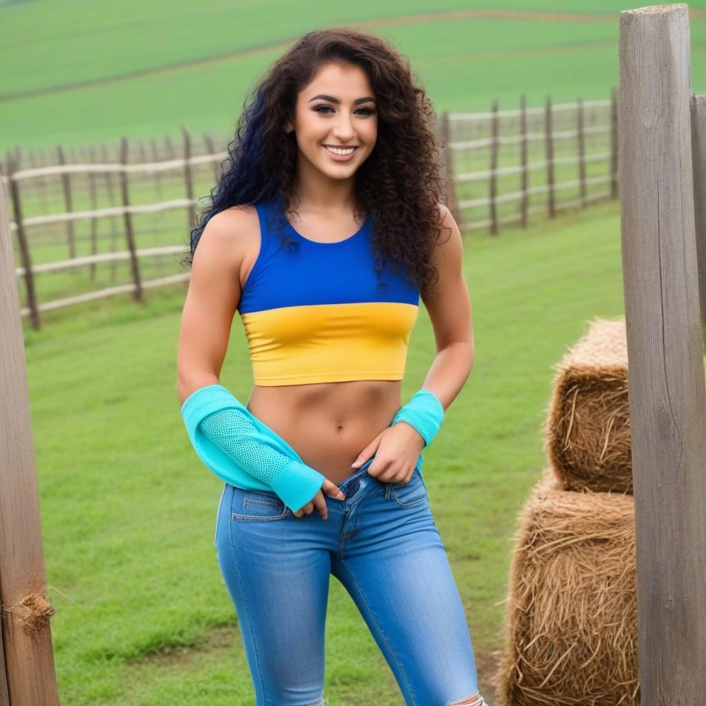   photo with focus on and s arab woman, age 18, smiling face, brown eyes, curly long blue hair, muscular body, small , fit , , (farm сlothes:1.2), 4k higly detailed, after face, flirting with the camera, ((full body)), ((full length)), (:1.2), s, ity, (:1.3), , ,(:1.1), (:1.1), (:1.1), anal, (POV:1.1)