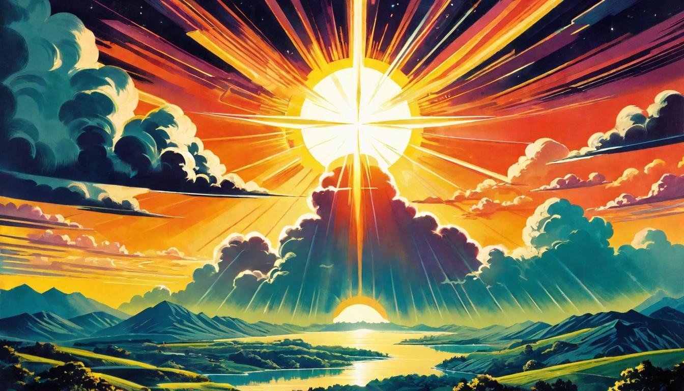  retro futuristic Sun breaking through dark clouds, shining over a hopeful landscape, presence uplifting spirits, rays dispel darkness, hope, rejuvenation lvintage sci fi, 50s and 60s style, atomic age, vibrant, highly detailed