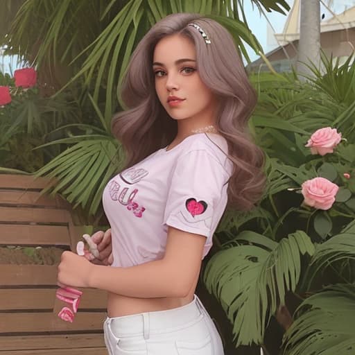  uma mulher joven com roupas rosas e cabelo grande