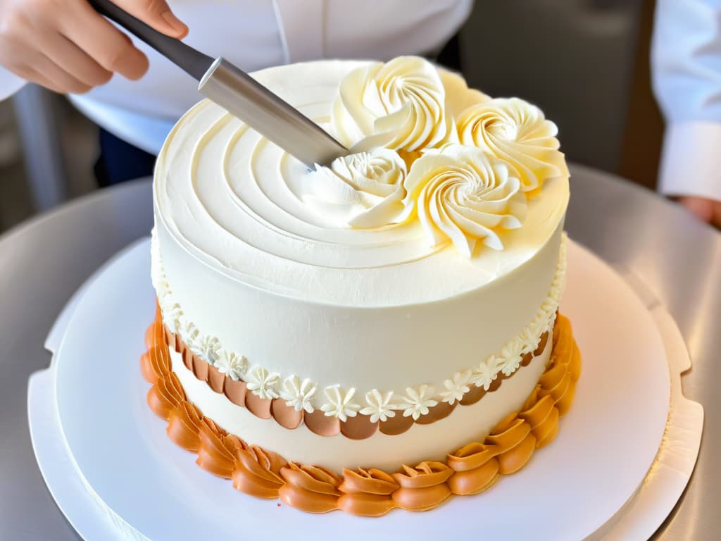  A closeup, ultradetailed image of a chef delicately piping intricate frosting designs onto a multilayered cake, showcasing the precision and artistry of pastry decoration. The focus is on the chef's hands, capturing every minute detail of the piping bag's movement and the formation of the decorative patterns on the cake's smooth surface. The image is presented in a minimalist style, with a clean background that enhances the visual impact of the expert pastry work being depicted. hyperrealistic, full body, detailed clothing, highly detailed, cinematic lighting, stunningly beautiful, intricate, sharp focus, f/1. 8, 85mm, (centered image composition), (professionally color graded), ((bright soft diffused light)), volumetric fog, trending on instagram, trending on tumblr, HDR 4K, 8K