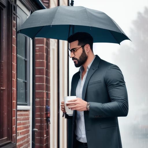 modelshoot style A man having a cup of coffee in a porch while it's raining hyperrealistic, full body, detailed clothing, highly detailed, cinematic lighting, stunningly beautiful, intricate, sharp focus, f/1. 8, 85mm, (centered image composition), (professionally color graded), ((bright soft diffused light)), volumetric fog, trending on instagram, trending on tumblr, HDR 4K, 8K