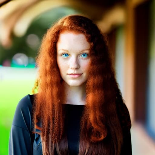  young girl, redhead with long hair and brown eyes