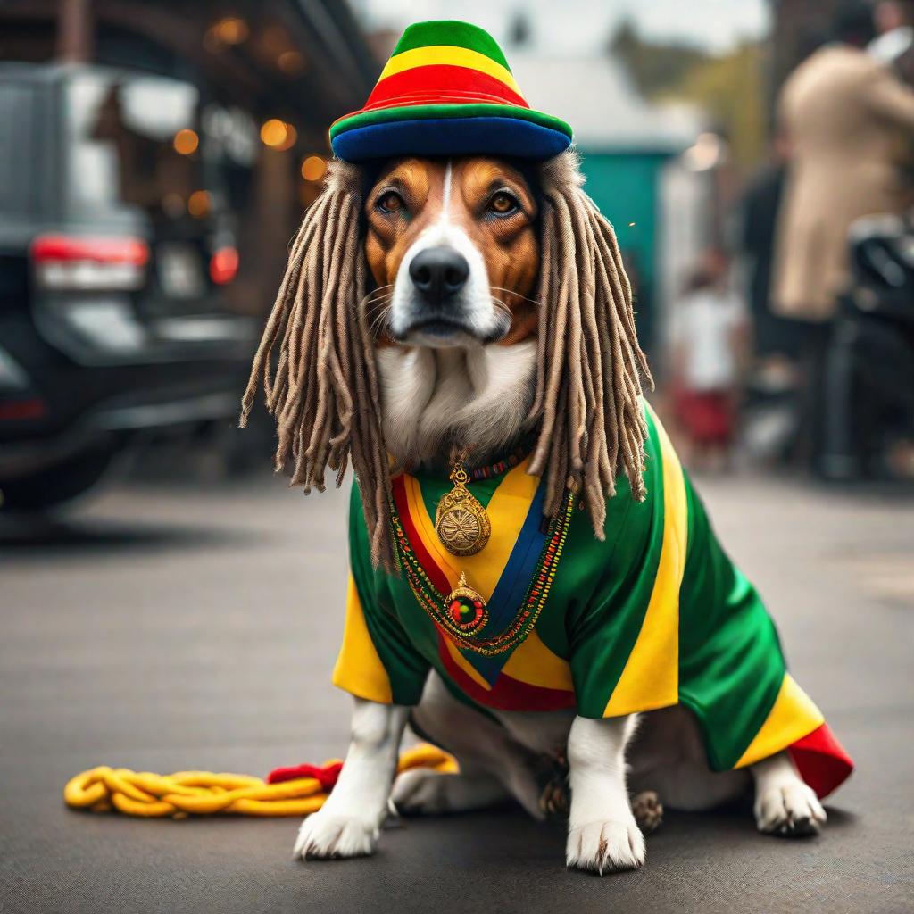  dog with a rasta hat and dreadlocks smoking reefer hyperrealistic, full body, detailed clothing, highly detailed, cinematic lighting, stunningly beautiful, intricate, sharp focus, f/1. 8, 85mm, (centered image composition), (professionally color graded), ((bright soft diffused light)), volumetric fog, trending on instagram, trending on tumblr, HDR 4K, 8K