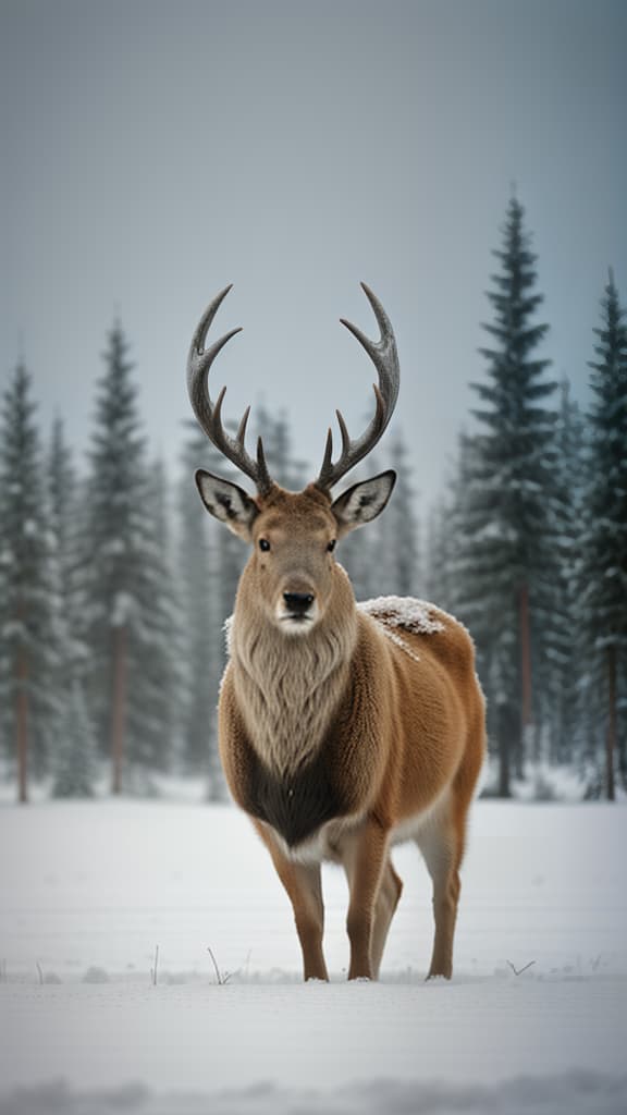  stag, tundra snow, high resolution , hyperrealistic, high quality, highly detailed, cinematic lighting, intricate, sharp focus, f/1. 8, 85mm, (centered image composition), (professionally color graded), ((bright soft diffused light)), volumetric fog, trending on instagram, HDR 4K, 8K