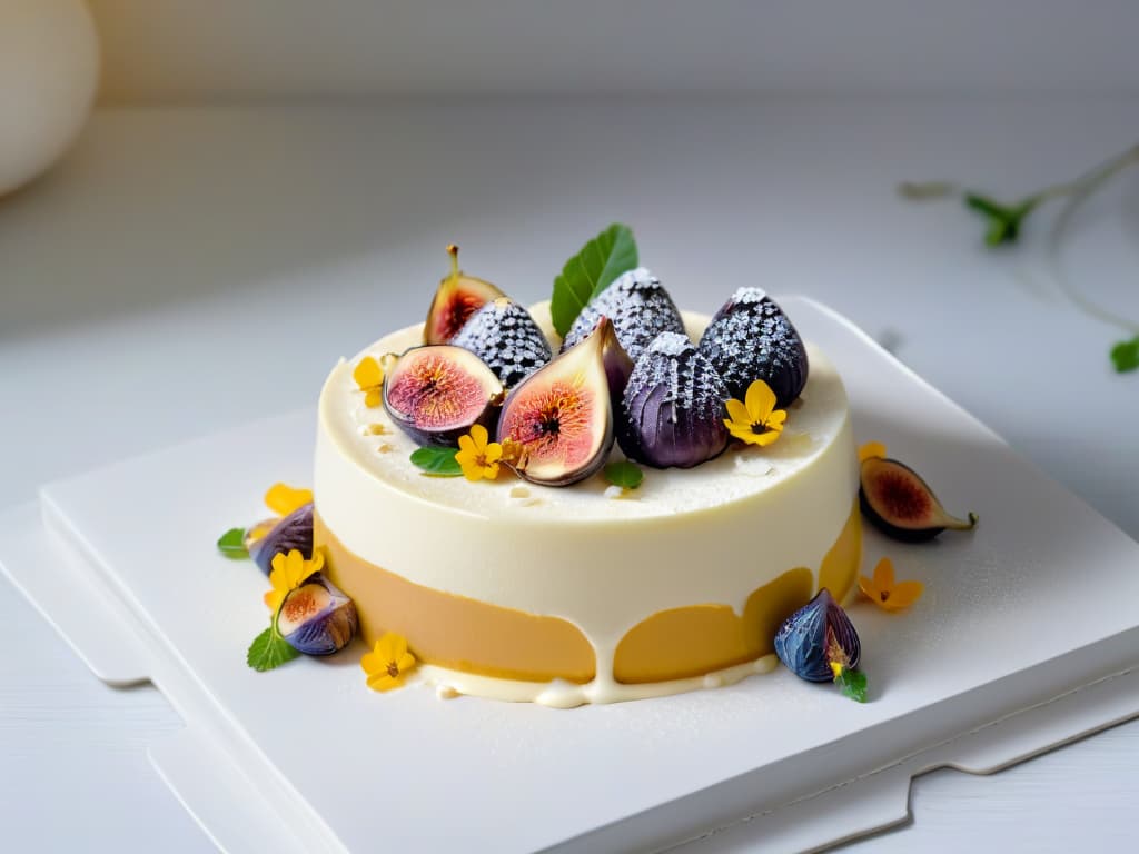  A closeup, ultradetailed photograph showcasing a decadent dessert plated elegantly on a sleek, modern dish. The dessert features a creamy mascarpone cheesecake topped with fresh figs and a drizzle of honey, surrounded by delicate edible flowers for a pop of color. The lighting is soft yet highlights the textures of the dessert, emphasizing the smoothness of the cheesecake and the juicy freshness of the figs. The overall composition is clean, sophisticated, and exudes an air of luxury, perfect for a highend culinary publication. hyperrealistic, full body, detailed clothing, highly detailed, cinematic lighting, stunningly beautiful, intricate, sharp focus, f/1. 8, 85mm, (centered image composition), (professionally color graded), ((bright soft diffused light)), volumetric fog, trending on instagram, trending on tumblr, HDR 4K, 8K