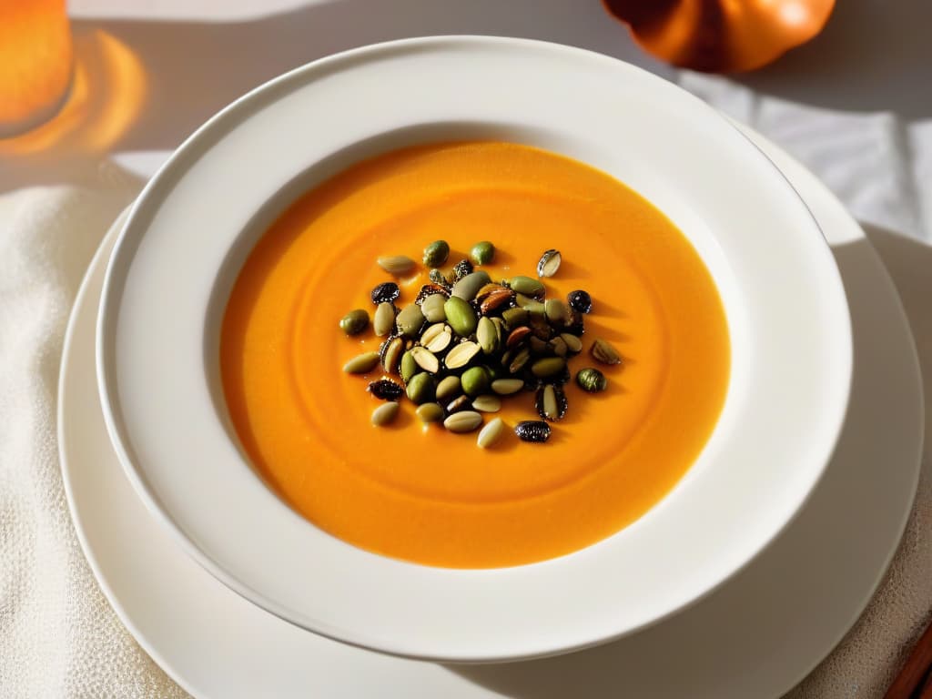  A closeup, ultradetailed image of a smooth, creamy bowl of crema catalana de calabaza garnished with a delicate sprinkle of cinnamon and a few caramelized pumpkin seeds on top. The rich orange hue of the pumpkin soup contrasts beautifully with the white bowl it's presented in, highlighting the velvety texture of the dish. The soft lighting enhances the glossy sheen of the soup, making it look both luxurious and inviting. hyperrealistic, full body, detailed clothing, highly detailed, cinematic lighting, stunningly beautiful, intricate, sharp focus, f/1. 8, 85mm, (centered image composition), (professionally color graded), ((bright soft diffused light)), volumetric fog, trending on instagram, trending on tumblr, HDR 4K, 8K