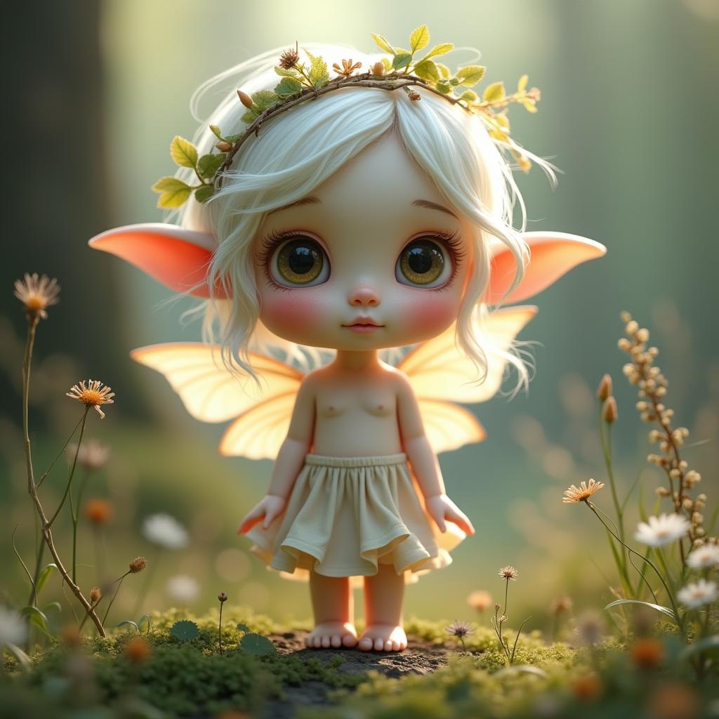  good quality, high quality, this image features a highly stylized depiction of an ethereal, fairy like character standing in a serene, natural setting. the figure, with delicate, elfin features, is characterized by large, expressive eyes, pointed ears, and soft, glowing skin. her face is doll like, with smooth textures and slightly exaggerated proportions, giving her an innocent and otherworldly appearance. her hair is a soft, wispy white, slightly tousled, adding to her ethereal, woodland look. a natural crown made of ferns, dried twigs, and flowers rests on her head, emphasizing her connection to nature. the subtle pink blush on her cheeks, nose, and lips adds warmth to her pale complexion, while her wide, reflective eyes are filled with