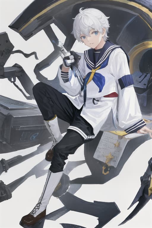  White background, long boots, front facing, boy, sailor suit, half -pussy, cool, moving stand