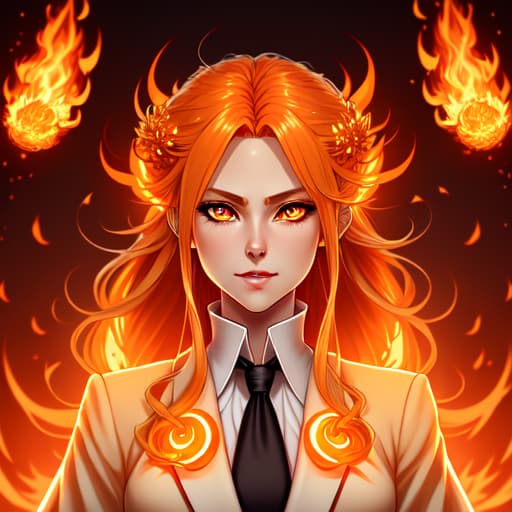  Goddess, Fire Goddess, Adult Woman, Blonde Fire Hair, Hair on Fire, Orange Eyes, White long tailcoat accented by Orange, Anime, Fantasy