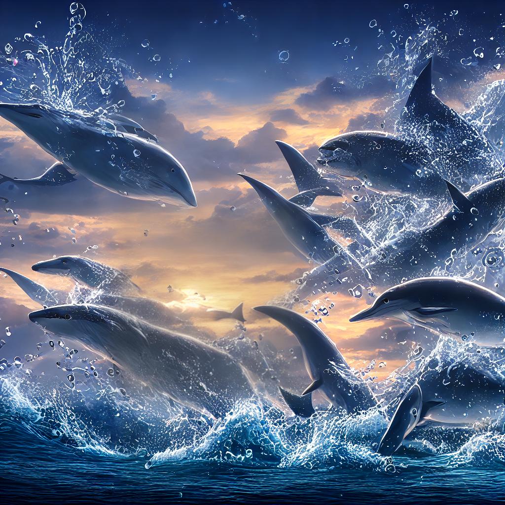  An extraordinary masterpiece of an excited IKEA shark, portrayed with the best quality and high detailed 8k resolution. The shark is playfully jumping out of the water, ((splashing water droplets)) all around, as a group of dolphins ((leap in the distance)). The scene is illuminated by a vibrant sunset, casting warm hues across the sky. hyperrealistic, full body, detailed clothing, highly detailed, cinematic lighting, stunningly beautiful, intricate, sharp focus, f/1. 8, 85mm, (centered image composition), (professionally color graded), ((bright soft diffused light)), volumetric fog, trending on instagram, trending on tumblr, HDR 4K, 8K
