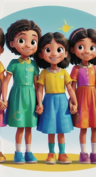  {A bright and colorful book cover with a group of happy children holding hands in a circle., Children of various ethnicities. They are smiling and wearing colorful clothing.