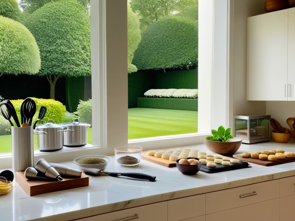  An ultradetailed, photorealistic image of a sleek and modern kitchen filled with an array of baking tools and ingredients neatly organized on marble countertops. In the background, a large window reveals a picturesque view of a lush garden, with natural light streaming in and casting a soft glow over the scene. A professional baker, wearing a crisp white apron, is skillfully piping delicate frosting onto a decadent cake, showcasing the artistry and precision required in the world of trendy pastry making. This image captures the essence of sophistication and creativity in the realm of baking, perfectly complementing the informative article on utilizing social media to uncover new baking trends. hyperrealistic, full body, detailed clothing, highly detailed, cinematic lighting, stunningly beautiful, intricate, sharp focus, f/1. 8, 85mm, (centered image composition), (professionally color graded), ((bright soft diffused light)), volumetric fog, trending on instagram, trending on tumblr, HDR 4K, 8K