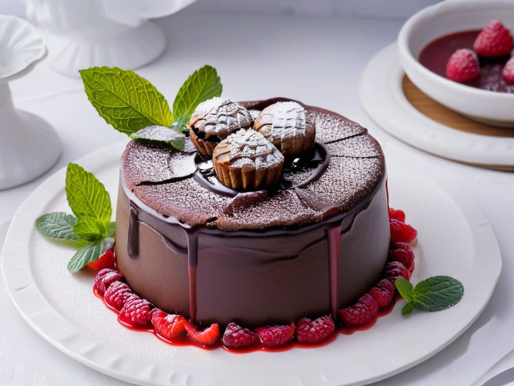  An 8k ultradetailed image of a luxurious dark chocolate lava cake placed on a delicate white porcelain plate, drizzled with a glossy raspberry coulis, and garnished with fresh mint leaves. The cake sits elegantly on a marble countertop, with soft, natural light filtering in from a nearby window, casting a gentle glow on the dessert. The focus is on the intricate details of the dessert, highlighting the rich, decadent texture of the cake and the vibrant colors of the raspberry sauce and mint leaves. hyperrealistic, full body, detailed clothing, highly detailed, cinematic lighting, stunningly beautiful, intricate, sharp focus, f/1. 8, 85mm, (centered image composition), (professionally color graded), ((bright soft diffused light)), volumetric fog, trending on instagram, trending on tumblr, HDR 4K, 8K