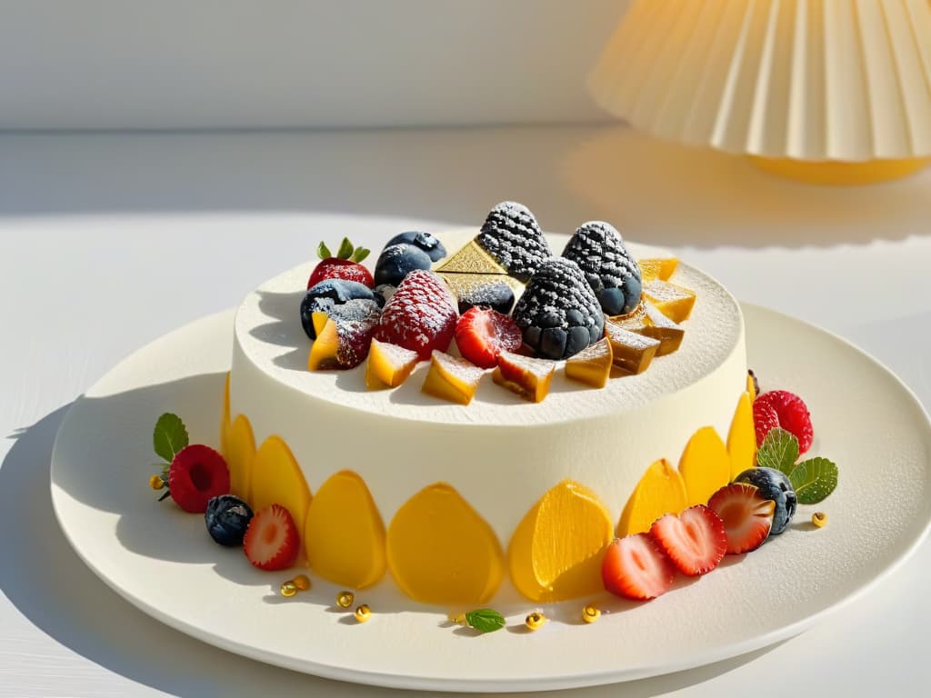  An intricate, highly detailed 8k image showcasing a delicate 3Dprinted dessert masterpiece on a sleek, modern plate. The dessert is a visually stunning combination of geometric shapes and intricate patterns, topped with edible gold leaf and vibrant fruit garnishes. The background is a subtle gradient that subtly highlights the dessert, emphasizing its elegance and precision. hyperrealistic, full body, detailed clothing, highly detailed, cinematic lighting, stunningly beautiful, intricate, sharp focus, f/1. 8, 85mm, (centered image composition), (professionally color graded), ((bright soft diffused light)), volumetric fog, trending on instagram, trending on tumblr, HDR 4K, 8K