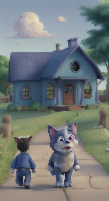  {Max walking back towards the cozy little house with droopy eyes, as twilight falls, The big blue dog is large with sky blue fur, big round eyes, a black nose, and floppy ears.