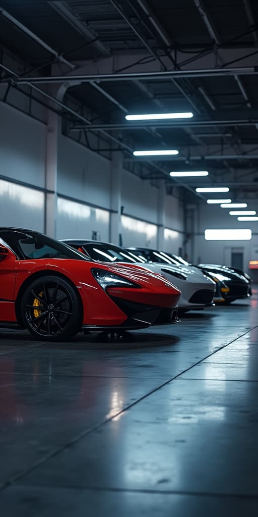  good quality, high quality, three sports cars lined up in a sleek garage with glowing lights and reflective floor.