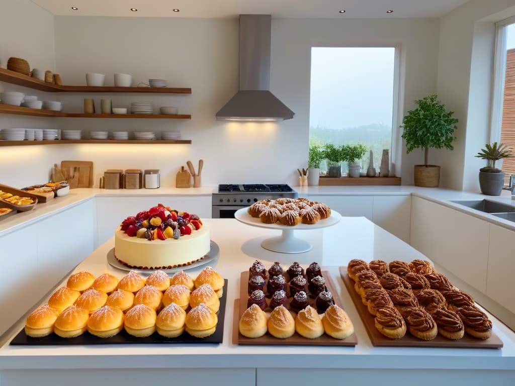  An ultradetailed, 8k image of a serene kitchen with a large marble island in the center, adorned with colorful, freshly baked healthy pastries and desserts. The background features sleek, modern appliances, hanging pots and pans, and shelves neatly organized with organic ingredients. Sunlight streams in through a large window, casting a warm glow over the scene, creating a tranquil and inviting atmosphere perfect for a wellness retreat focused on pastry and cooking. hyperrealistic, full body, detailed clothing, highly detailed, cinematic lighting, stunningly beautiful, intricate, sharp focus, f/1. 8, 85mm, (centered image composition), (professionally color graded), ((bright soft diffused light)), volumetric fog, trending on instagram, trending on tumblr, HDR 4K, 8K