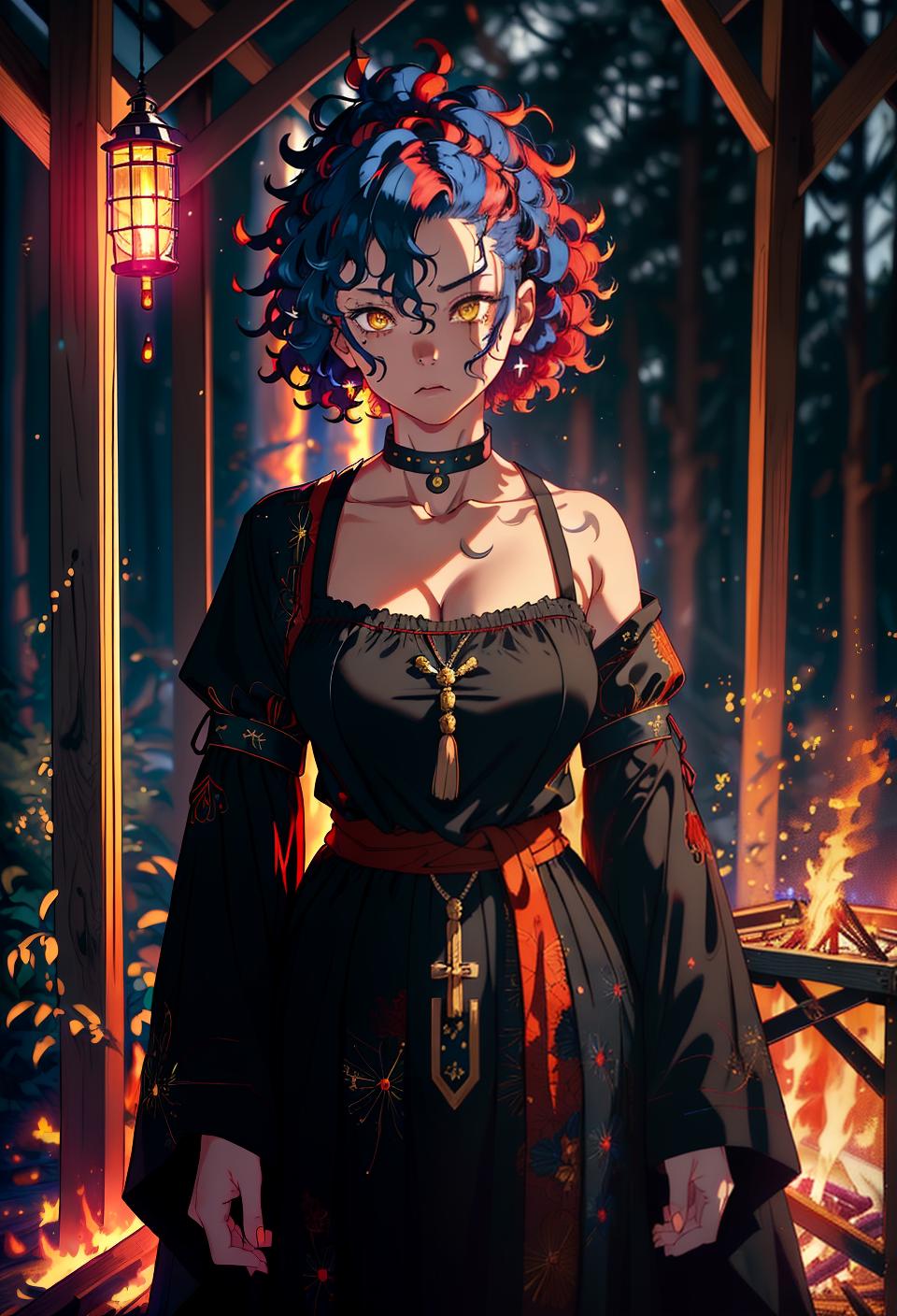  ((trending, highres, masterpiece, cinematic shot)), 1girl, mature, female religious outfit, large, campfire scene, medium-length curly blue hair, shaved head, narrow yellow eyes, lazy personality, scared expression, red skin, magical, energetic