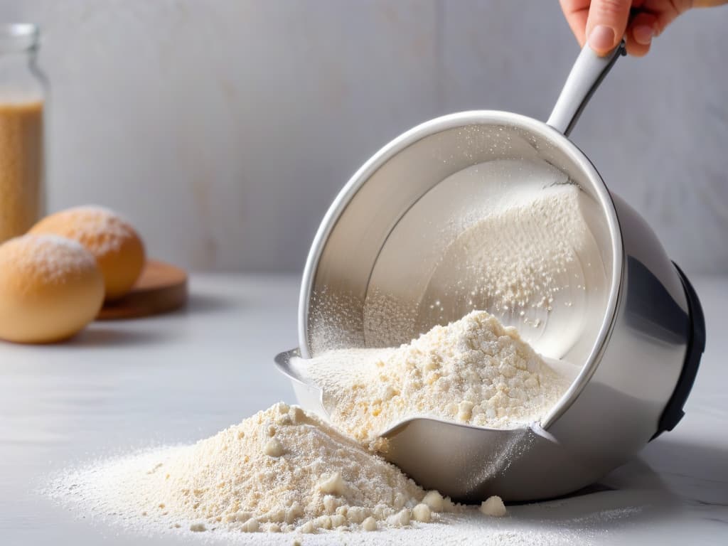  A closeup, ultradetailed image of a sleek, modern stainless steel sifter filled with fine, powdery flour against a soft, blurred background of a pristine kitchen counter. The sifter's handle is elegantly curved, catching the light to showcase its polished surface, while the flour cascades down in a gentle, controlled stream, creating a cloudlike effect. The flour particles are suspended in the air, capturing the essence of precision and artistry in baking. hyperrealistic, full body, detailed clothing, highly detailed, cinematic lighting, stunningly beautiful, intricate, sharp focus, f/1. 8, 85mm, (centered image composition), (professionally color graded), ((bright soft diffused light)), volumetric fog, trending on instagram, trending on tumblr, HDR 4K, 8K