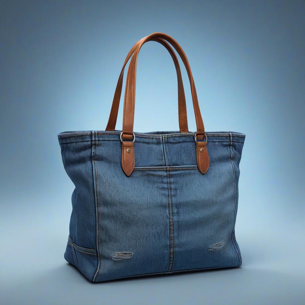  denim shopper bag small hyperrealistic, full body, detailed clothing, highly detailed, cinematic lighting, stunningly beautiful, intricate, sharp focus, f/1. 8, 85mm, (centered image composition), (professionally color graded), ((bright soft diffused light)), volumetric fog, trending on instagram, trending on tumblr, HDR 4K, 8K