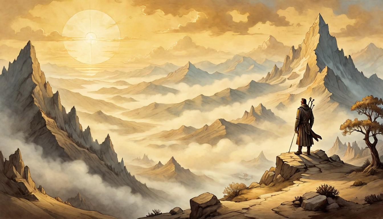  on parchment, surrealism+++, A serene scene of a person standing on a mountain peak, overlooking a sunrise, golden light, sense of achievement, tranquil, inspiring(mysterious, provocative, symbolic,muted color)+++