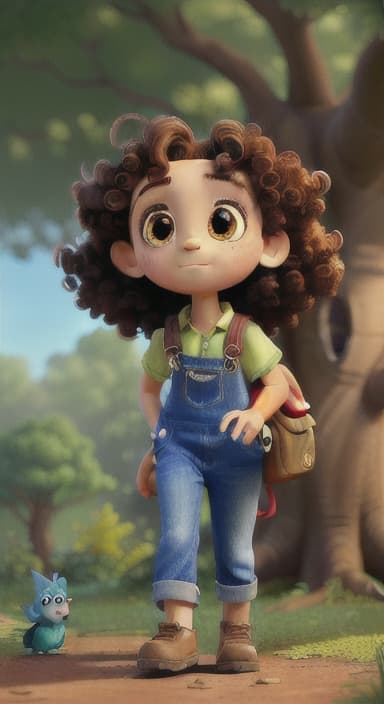  {The tree with a twinkling eye, while its leaves gently rustle., Riley, a curious with big brown eyes and curly hair, wearing overalls and carrying a small backpack. Their friend, Skye, a bluebird with shiny feathers.