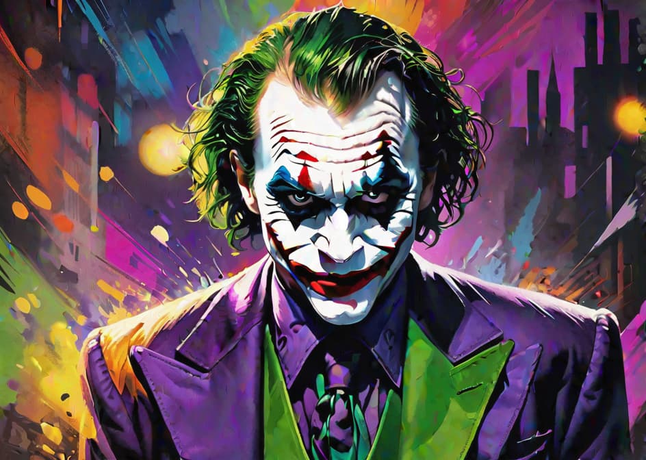  Insane portrait digital painting of The Joker face left side image, the dark night rises, action rage pose, with a beautiful abstract colourful background hyperrealistic, full body, detailed clothing, highly detailed, cinematic lighting, stunningly beautiful, intricate, sharp focus, f/1. 8, 85mm, (centered image composition), (professionally color graded), ((bright soft diffused light)), volumetric fog, trending on instagram, trending on tumblr, HDR 4K, 8K