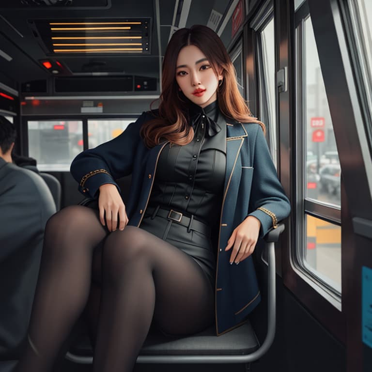  young in sit in bus hyperrealistic, full body, detailed clothing, highly detailed, cinematic lighting, stunningly beautiful, intricate, sharp focus, f/1. 8, 85mm, (centered image composition), (professionally color graded), ((bright soft diffused light)), volumetric fog, trending on instagram, trending on tumblr, HDR 4K, 8K